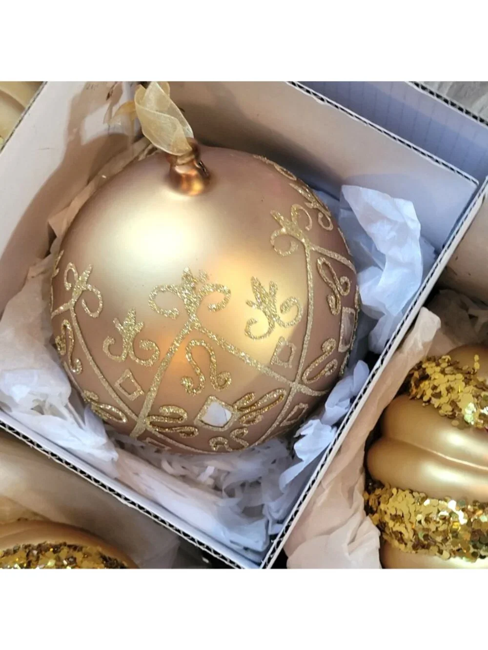 Frontgate Christmas Ornament 15 Pc Gold Glass Glitter Baubles Finial Teardrop
